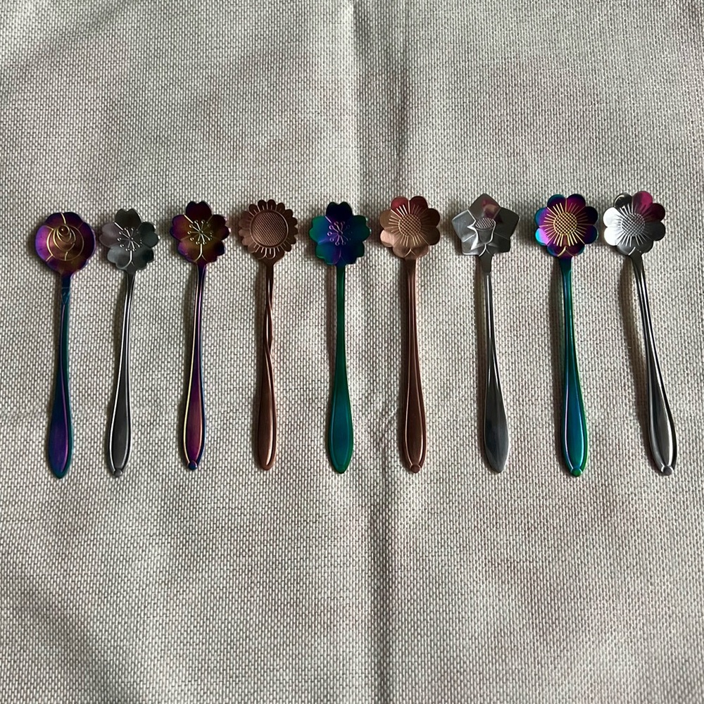 Colorful Flower Shaped Stirring Stainless Steel Spoons Set of 9